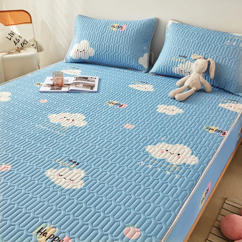 MF Natural Latex Thickened Summer Bed Mat | Cool Feeling Ice Silk Mattress Cover & Pillowcase, Soft, Breathable Cooling for Summer
