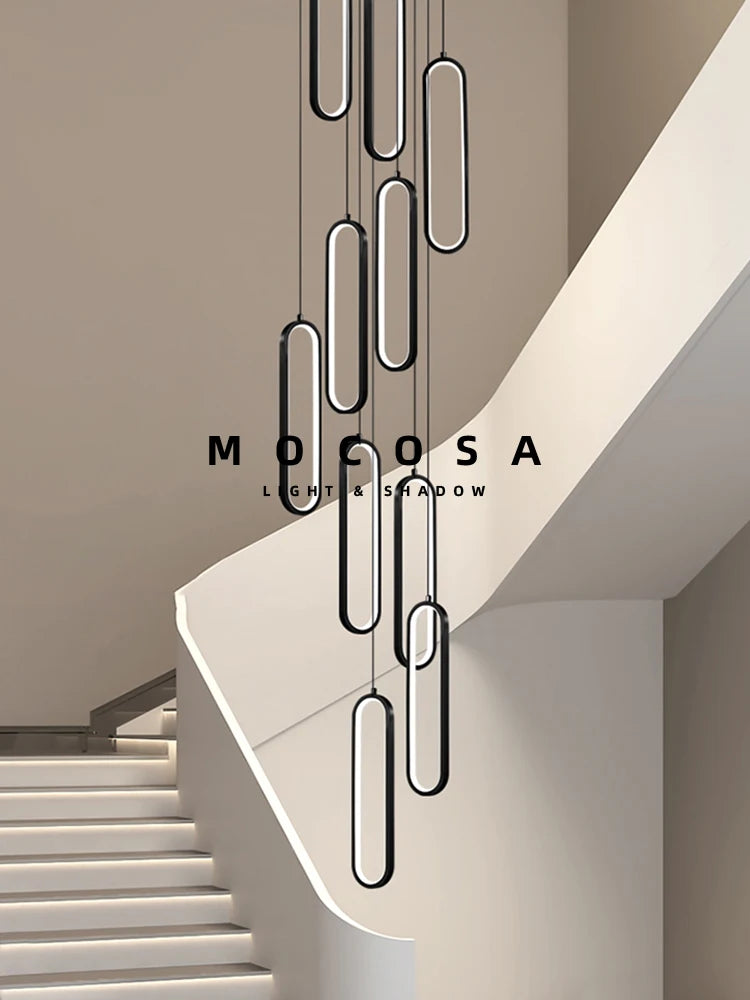 MF Oval Metal Stairway Chandelier | High-Rise Staircase Pendant Lights, Elliptic LED Bedside Lamp with Remote Control Dimming