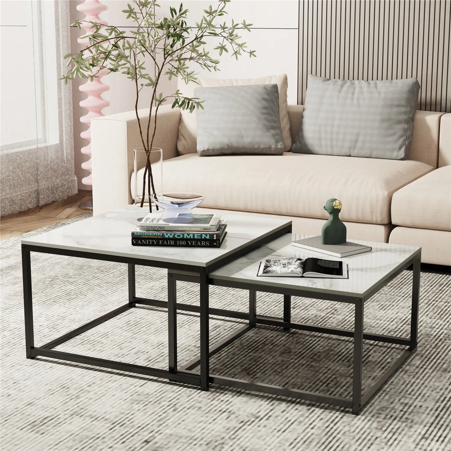 Modern Nesting Coffee Table Set of 2 - Square Sintered Ston Center Tables for Living Room & Office, Stackable Design, White/Black