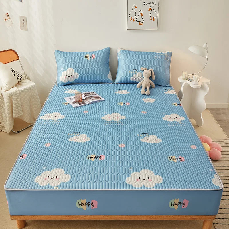MF Natural Latex Thickened Summer Bed Mat | Cool Feeling Ice Silk Mattress Cover & Pillowcase, Soft, Breathable Cooling for Summer