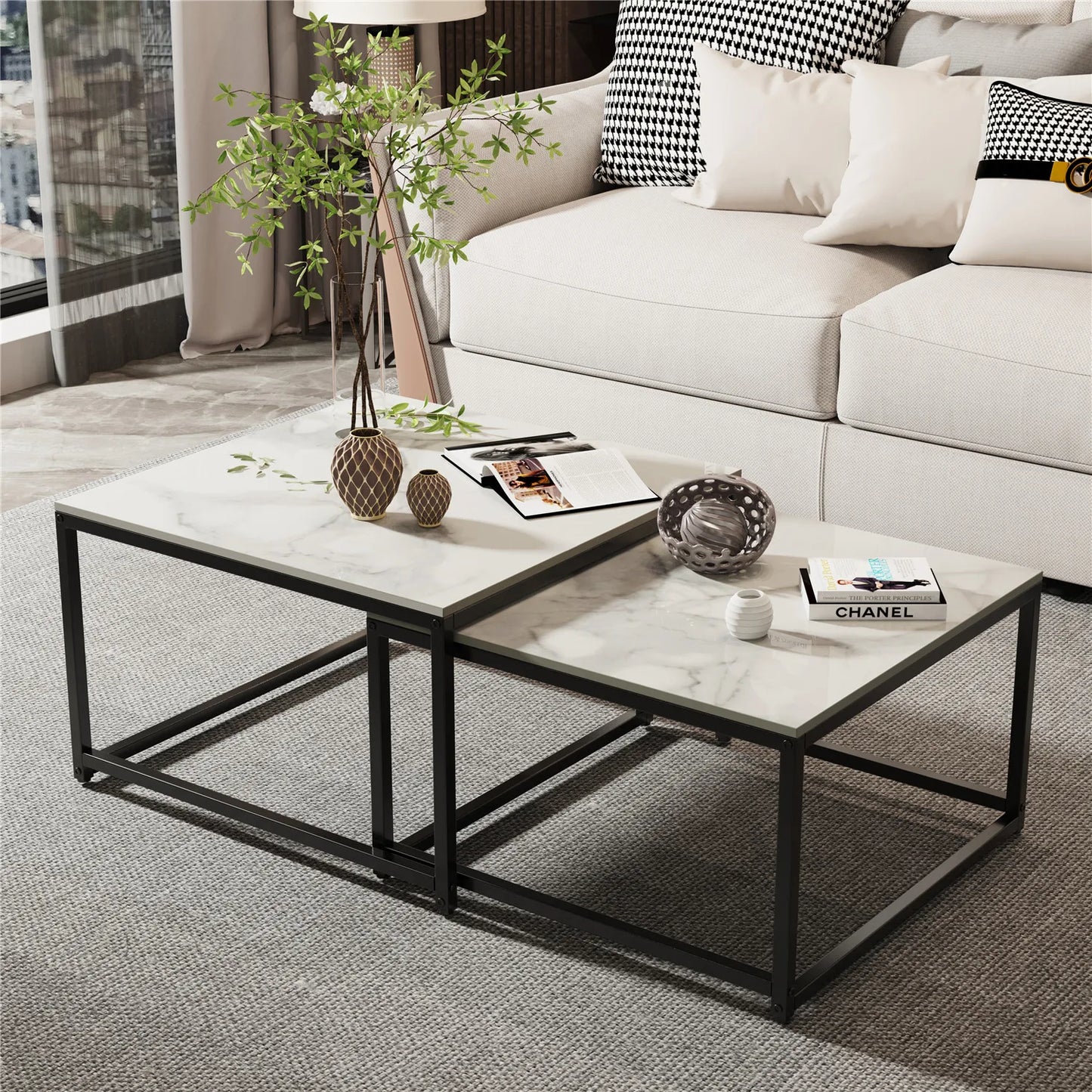 Modern Nesting Coffee Table Set of 2 - Square Sintered Ston Center Tables for Living Room & Office, Stackable Design, White/Black