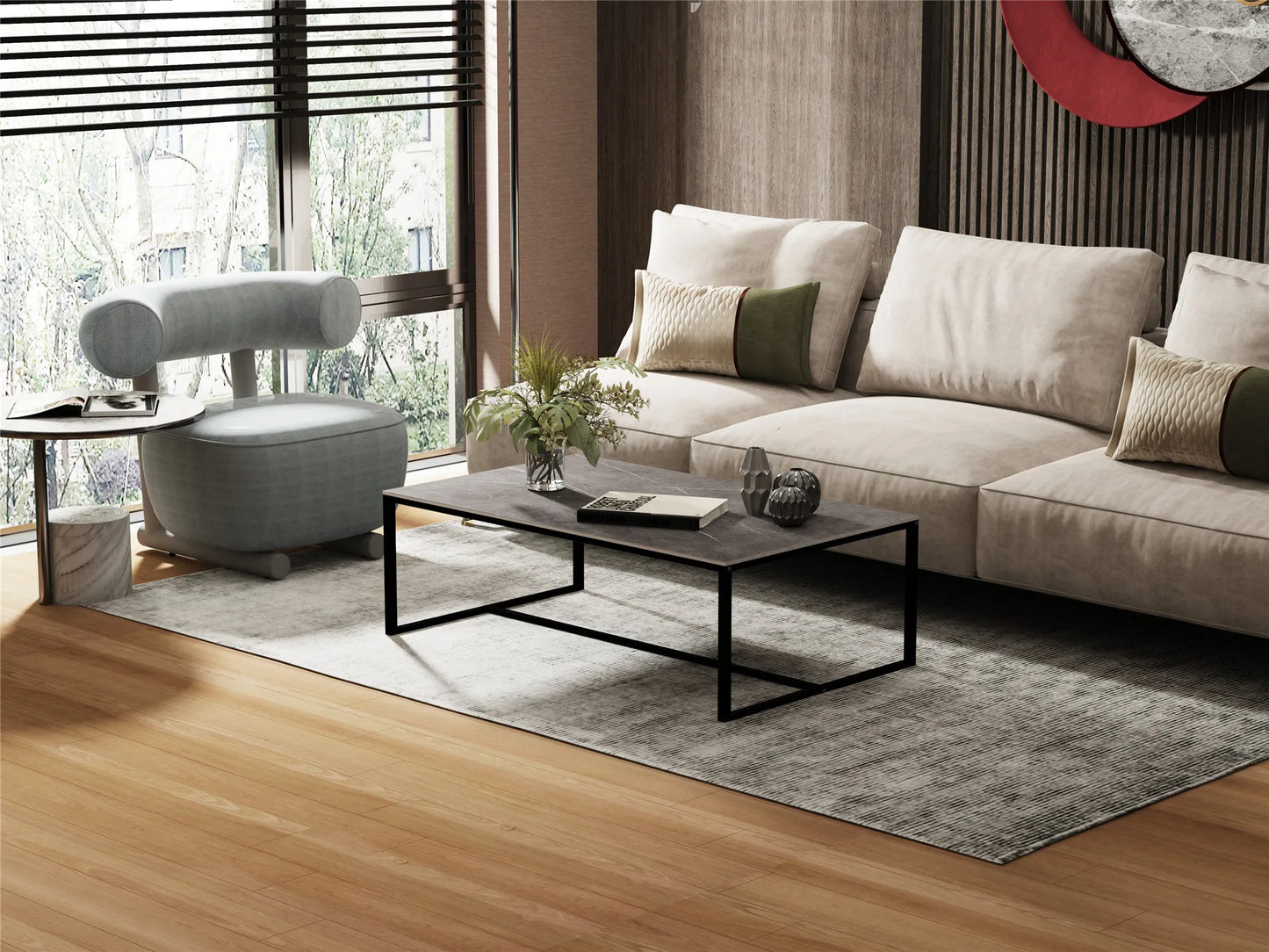 MF Rectangle Sintered Stone Coffee Table with Aluminum Alloy Frame | Back & Grey