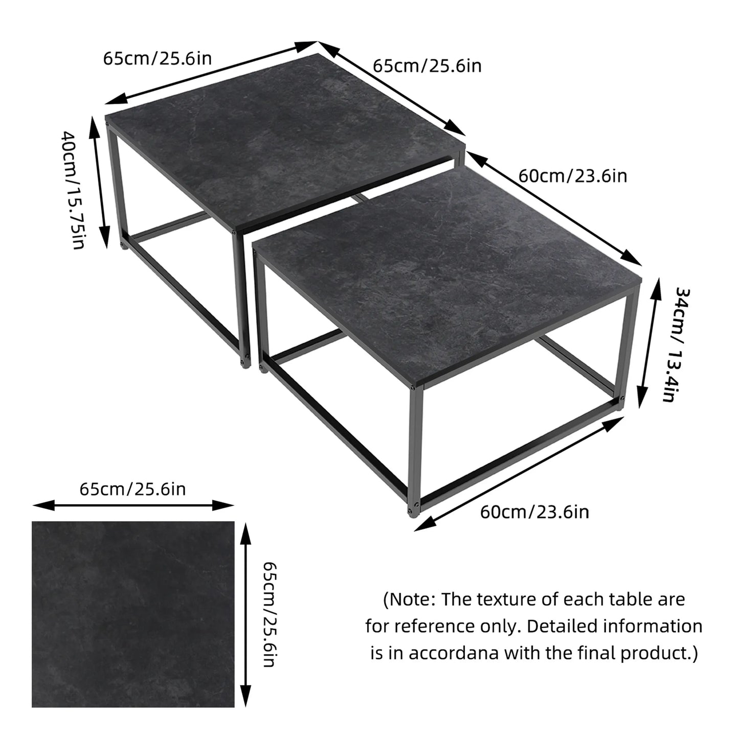 Modern Nesting Coffee Table Set of 2 - Square Sintered Ston Center Tables for Living Room & Office, Stackable Design, White/Black