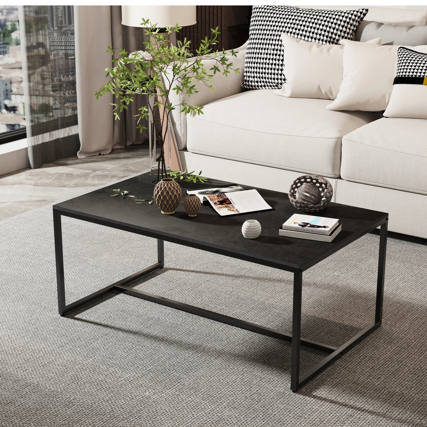 MF Rectangle Sintered Stone Coffee Table with Aluminum Alloy Frame | Back & Grey