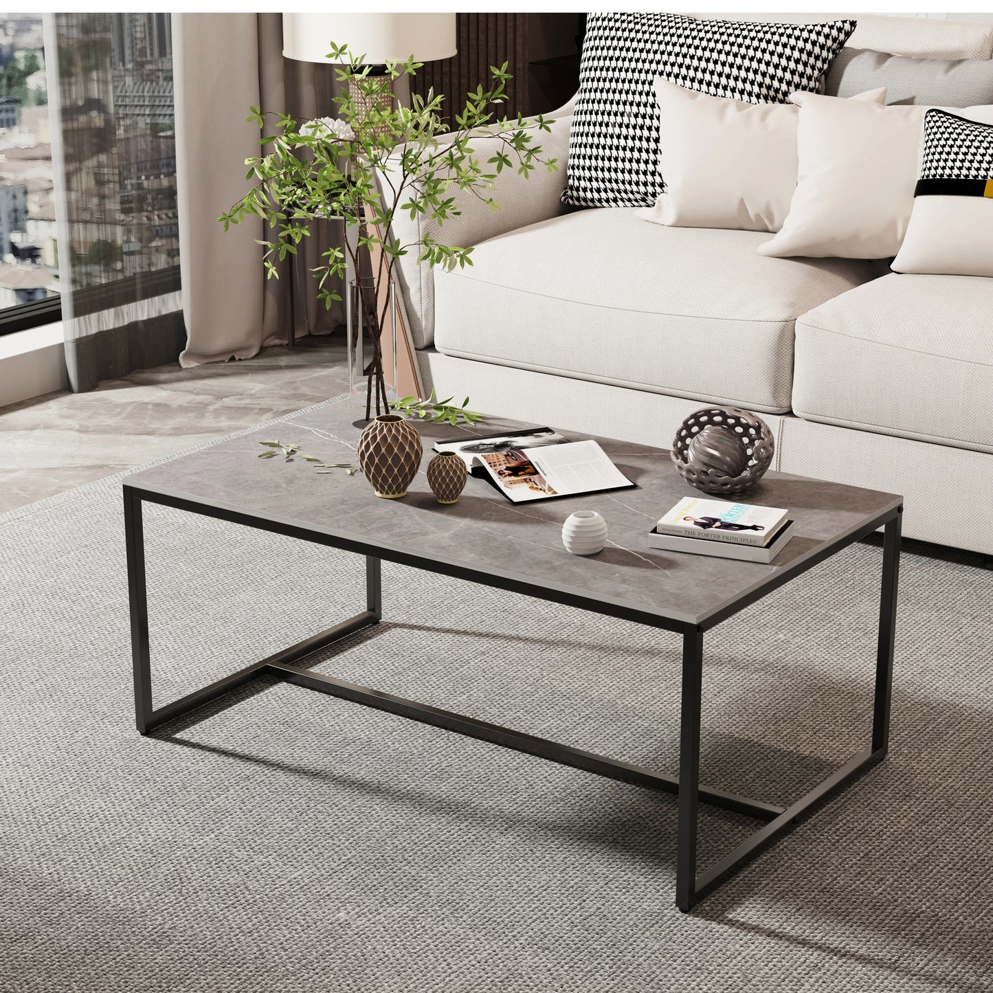 MF Rectangle Sintered Stone Coffee Table with Aluminum Alloy Frame | Back & Grey