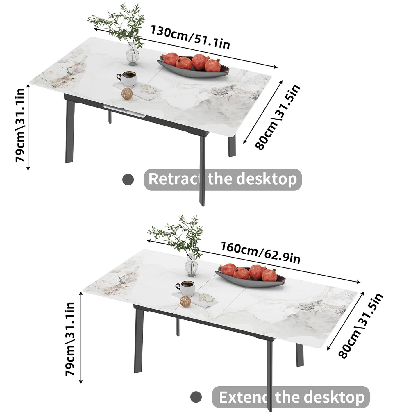 MF Extendable Modern Dining Table | Rectangular Space-Saving Expandable Kitchen Table with Metal Frame