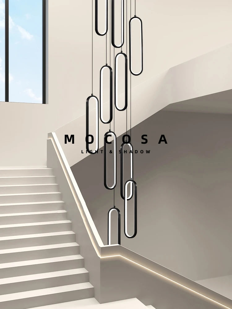 MF Oval Metal Stairway Chandelier | High-Rise Staircase Pendant Lights, Elliptic LED Bedside Lamp with Remote Control Dimming