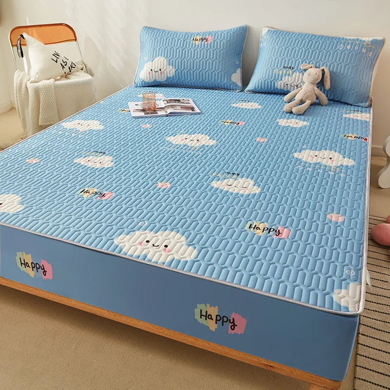 MF Natural Latex Thickened Summer Bed Mat | Cool Feeling Ice Silk Mattress Cover & Pillowcase, Soft, Breathable Cooling for Summer