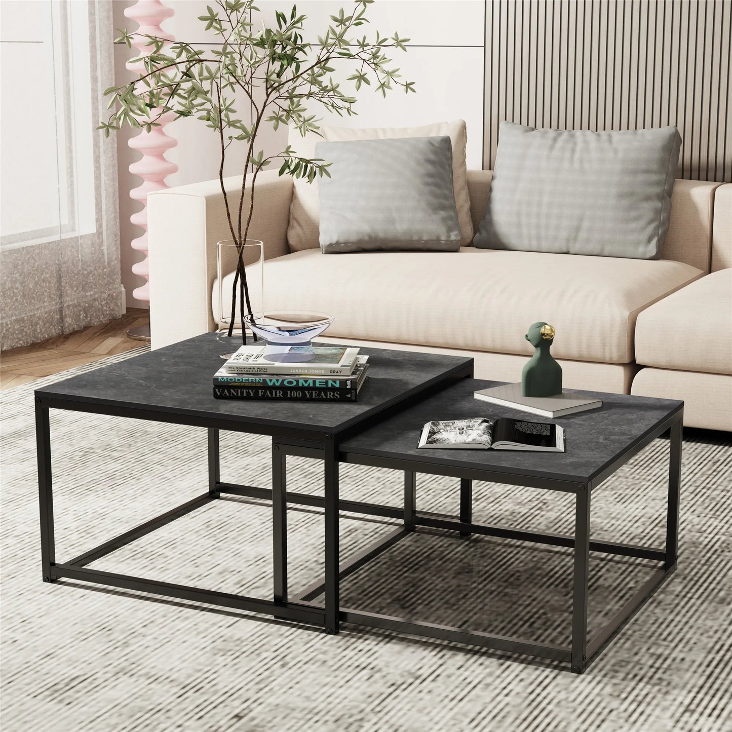Modern Nesting Coffee Table Set of 2 - Square Sintered Ston Center Tables for Living Room & Office, Stackable Design, White/Black