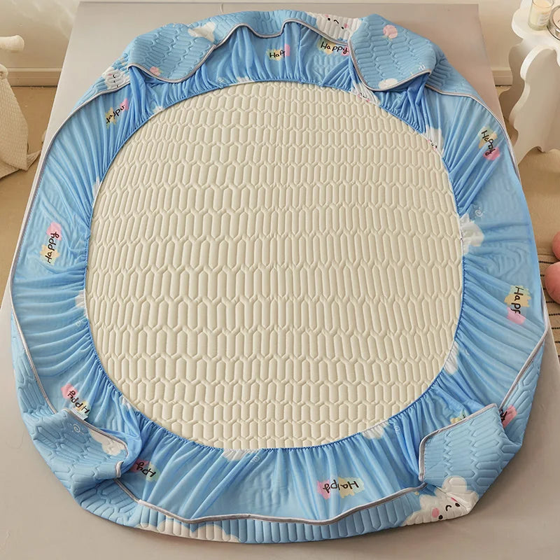 MF Natural Latex Thickened Summer Bed Mat | Cool Feeling Ice Silk Mattress Cover & Pillowcase, Soft, Breathable Cooling for Summer
