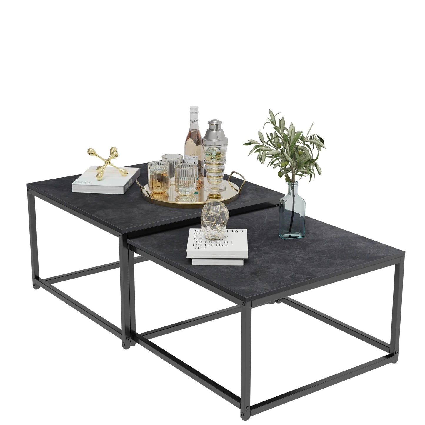 Modern Nesting Coffee Table Set of 2 - Square Sintered Ston Center Tables for Living Room & Office, Stackable Design, White/Black