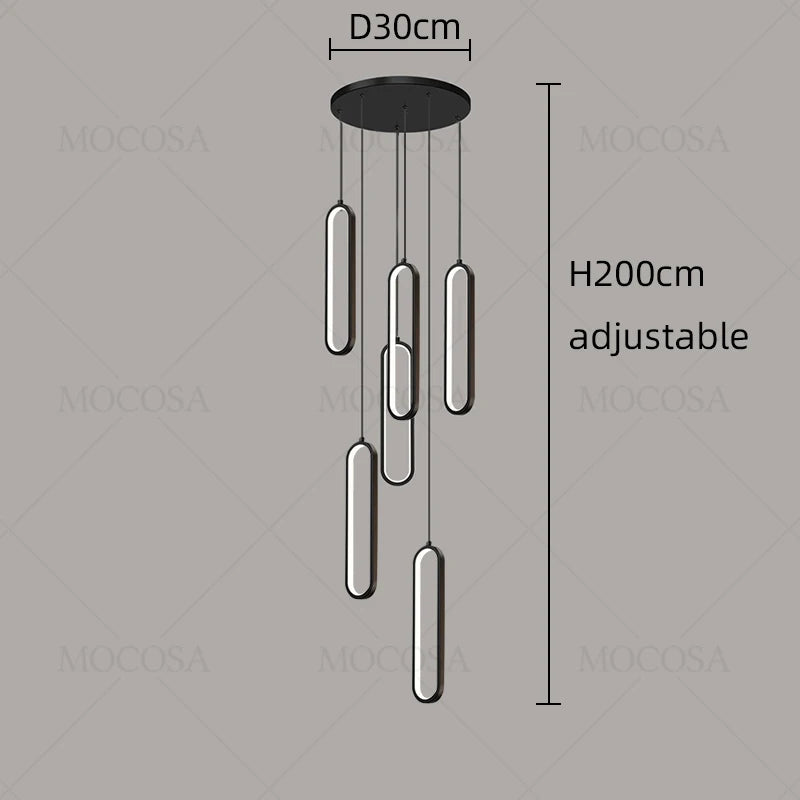 MF Oval Metal Stairway Chandelier | High-Rise Staircase Pendant Lights, Elliptic LED Bedside Lamp with Remote Control Dimming