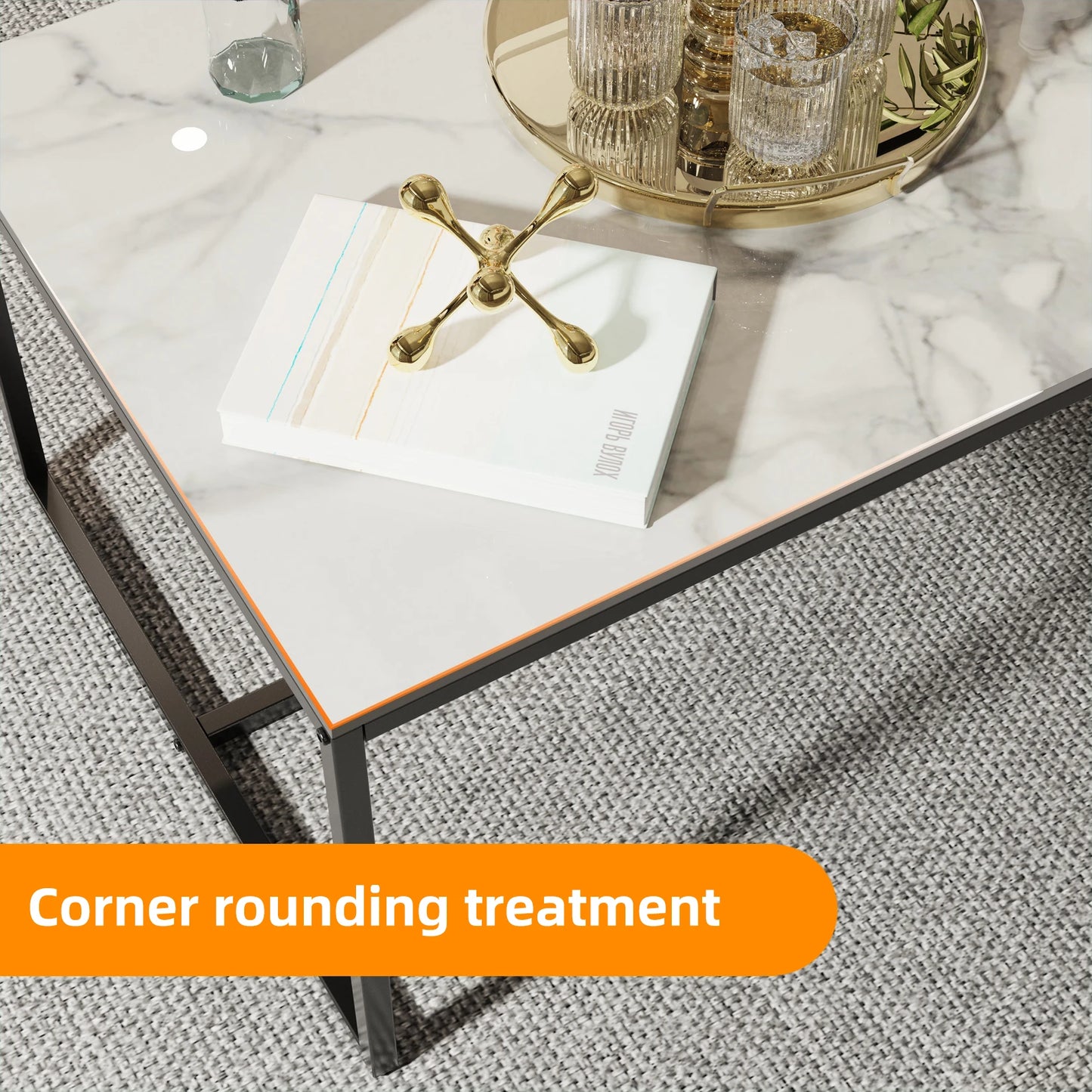 MF Rectangle Sintered Stone Coffee Table with Aluminum Alloy Frame | Back & Grey