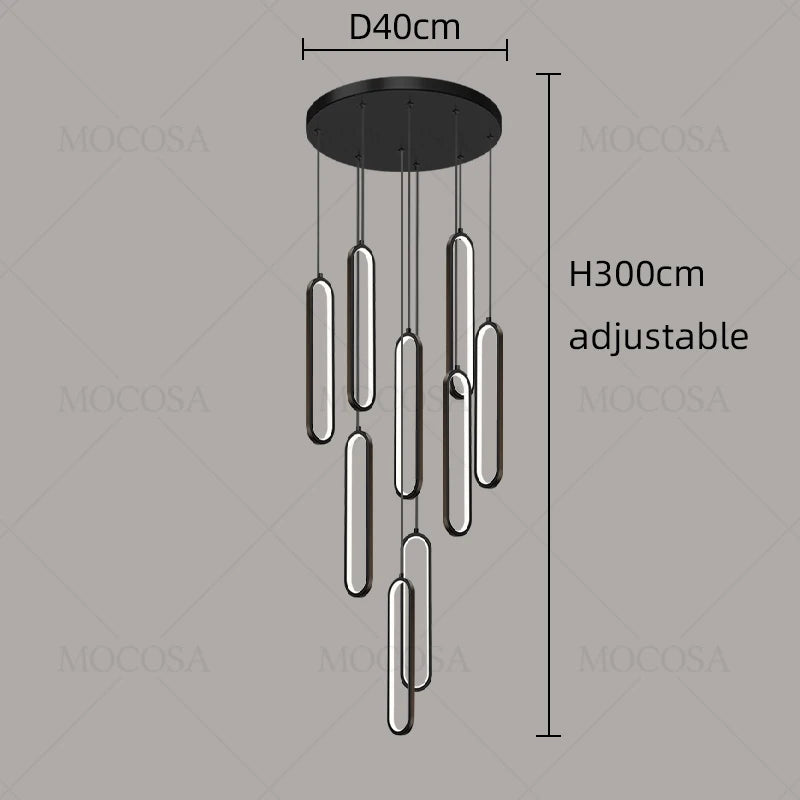 MF Oval Metal Stairway Chandelier | High-Rise Staircase Pendant Lights, Elliptic LED Bedside Lamp with Remote Control Dimming