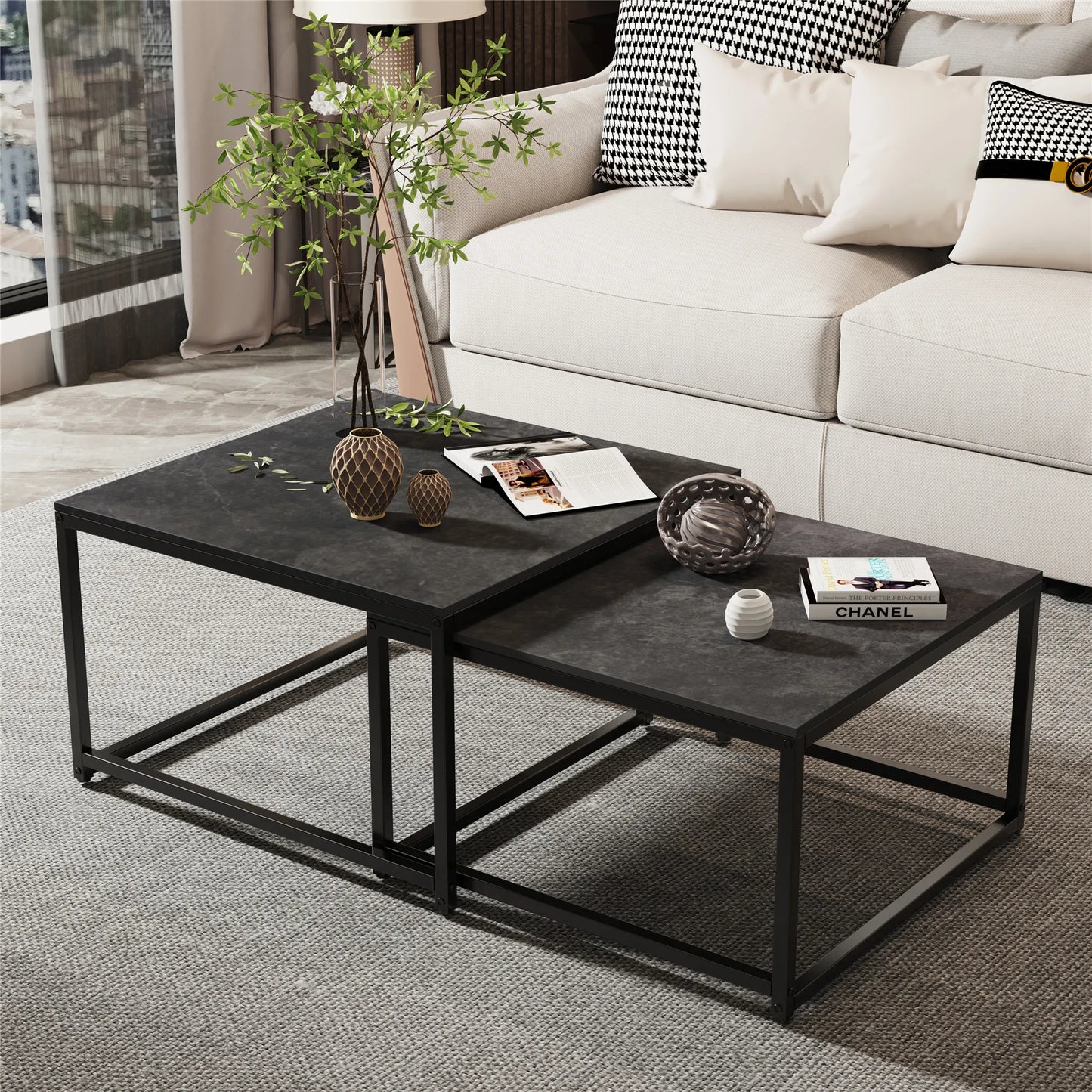 Modern Nesting Coffee Table Set of 2 - Square Sintered Ston Center Tables for Living Room & Office, Stackable Design, White/Black