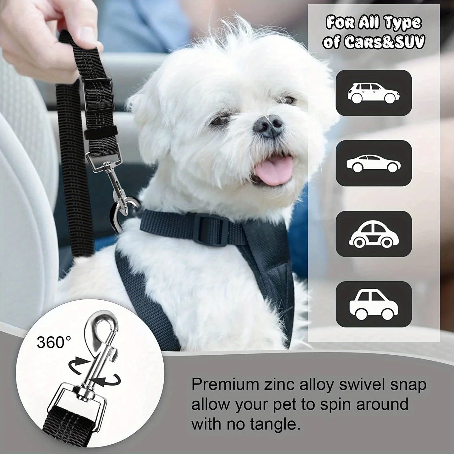 MF Adjustable 2-in-1 Dog Leash & Pet Car Seat Belt | Backseat Safety Belt with Nylon Lead for Secure Travel