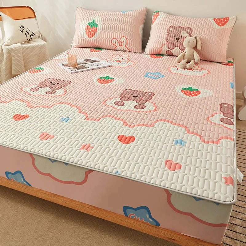 MF Natural Latex Thickened Summer Bed Mat | Cool Feeling Ice Silk Mattress Cover & Pillowcase, Soft, Breathable Cooling for Summer