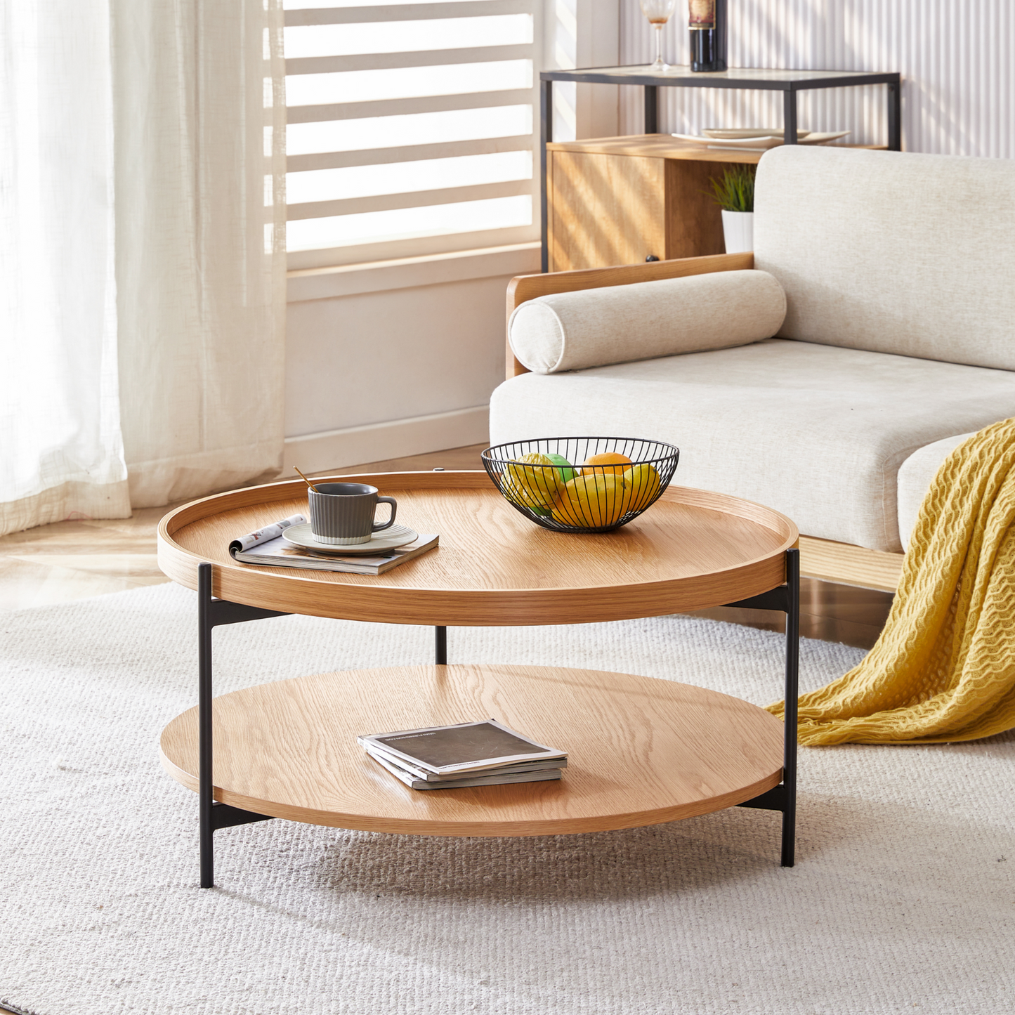 Giorgio Round Oak Veneer Coffee Table With Shelf