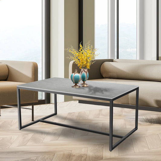 Rectangular Grey Sintered Stone Coffee Table with Black Metal Frame