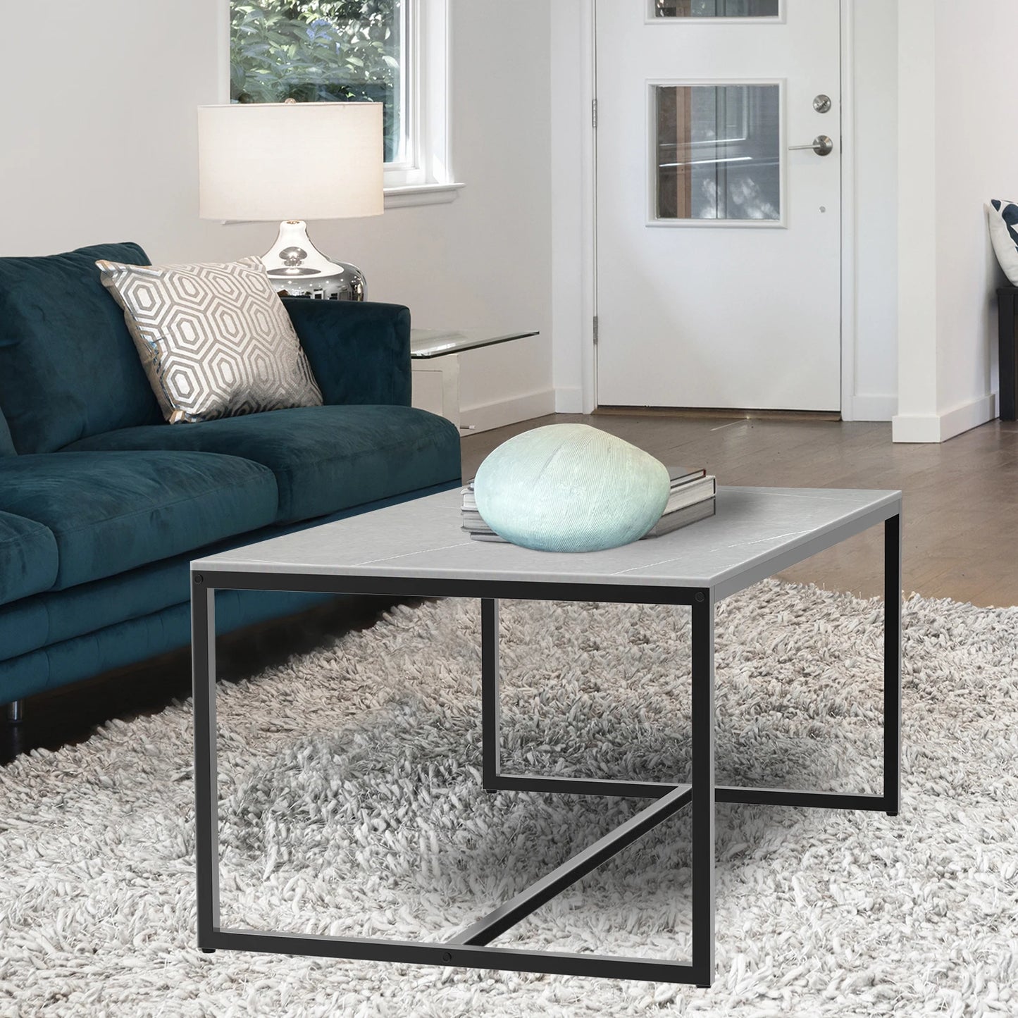 Rectangular Grey Sintered Stone Coffee Table with Black Metal Frame