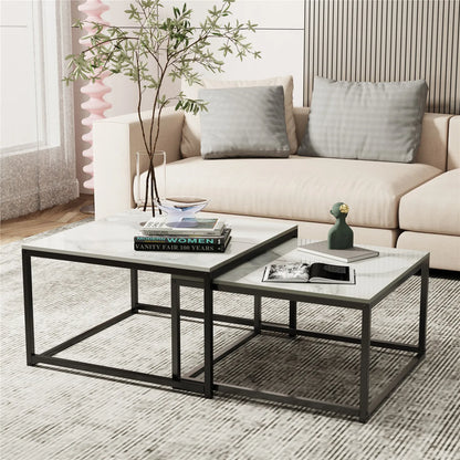 Modern Nesting Coffee Table Set of 2 - Square Sintered Ston Center Tables for Living Room & Office, Stackable Design, White/Black