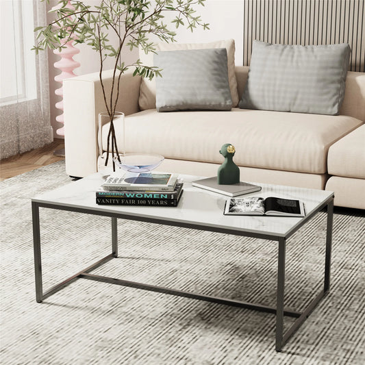 Rectangular Sintered Stone Coffee Table with Black Metal Frame