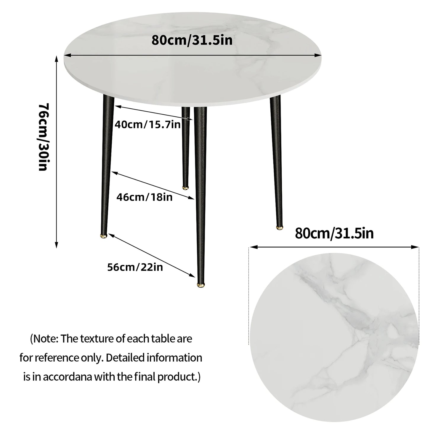 Harmony Round Sintered Stone Dining Table - 32" with Black Metal Legs