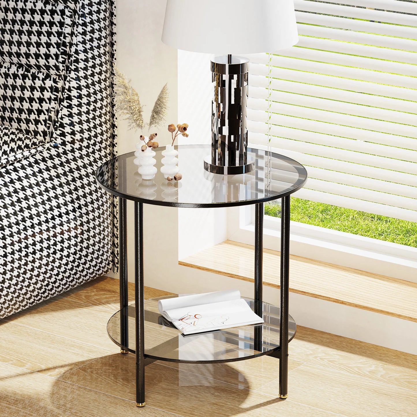 Round 2-Tier Coffee Table With Tempered Glass Top