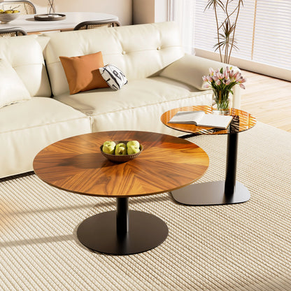 Set Of 2 Round Coffee Table With Brown Glass End Side Table