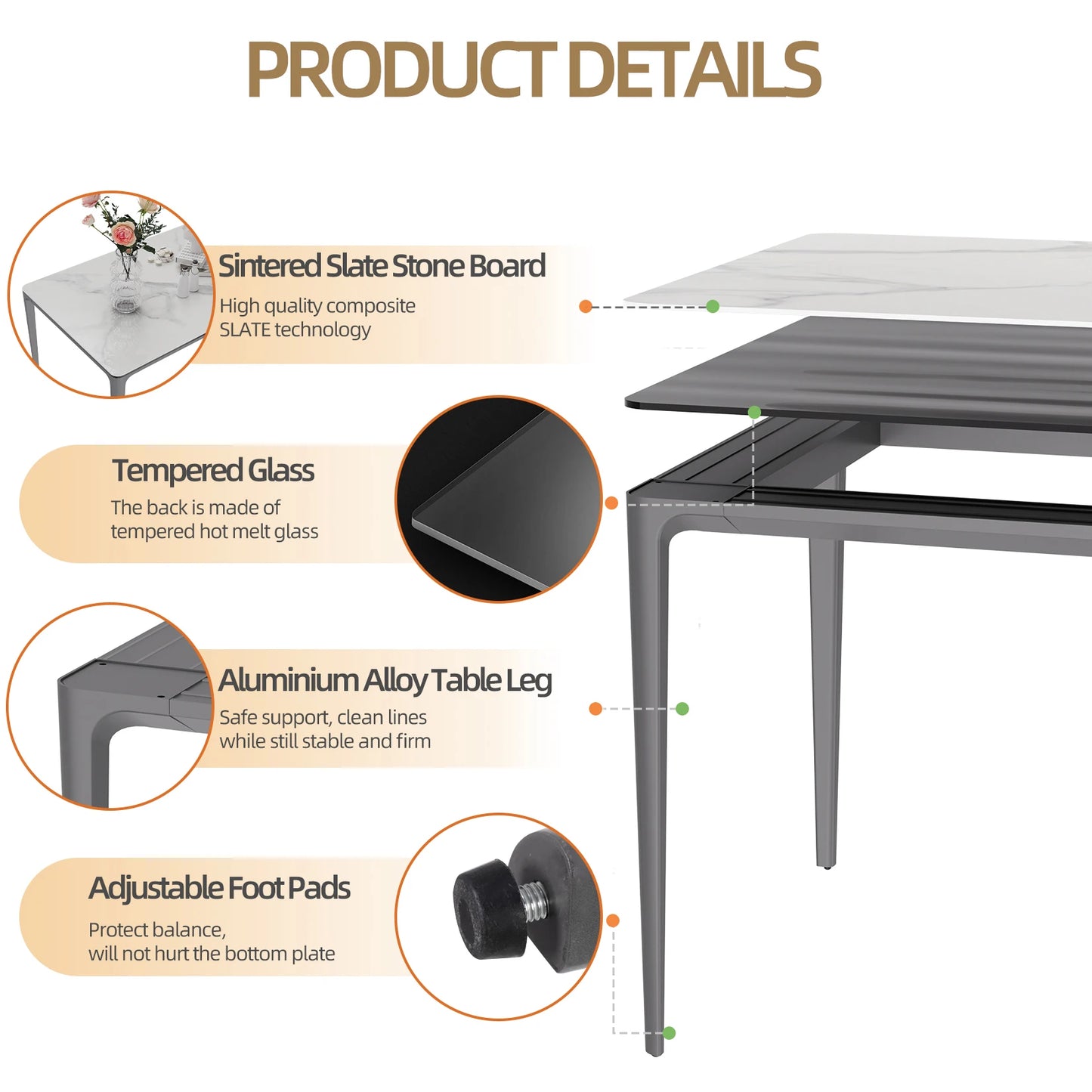 Rectangular Dining Table With Sintered Stone Tempered Glass Top