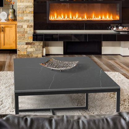 Rectangular Grey Sintered Stone Coffee Table with Black Metal Frame