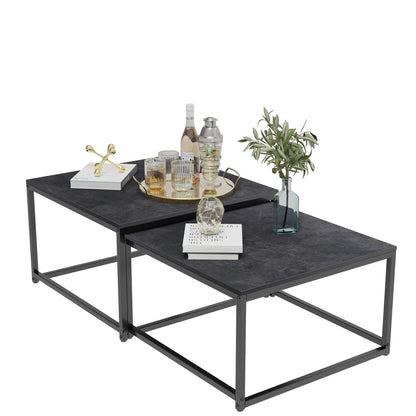 Modern Nesting Coffee Table Set of 2 - Square Sintered Ston Center Tables for Living Room & Office, Stackable Design, White/Black