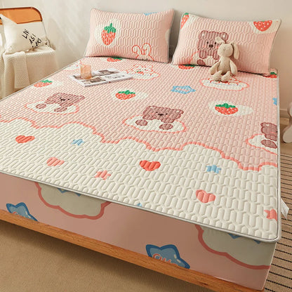 MF Natural Latex Thickened Summer Bed Mat | Cool Feeling Ice Silk Mattress Cover & Pillowcase, Soft, Breathable Cooling for Summer